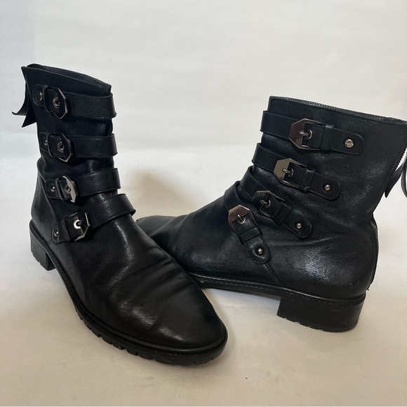 Stuart Weitzman Shoes - Stuart Weitzman Leather Biker Winter Boots 9.5 straps silver metal buckle zipper